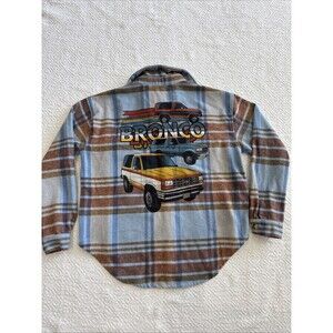 Ford Bronco Flannel Shirt Women’s S/M  Blue Plaid Western Oversized Shacket